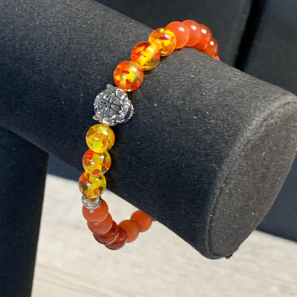 Orange Cat Eye Amber Resin Bead Panther Head Crystal Stretch Bracelet 7in